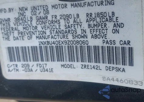 2009 Toyota Corolla S from USA, damaged, VIN 1NXBU40EX9Z008060